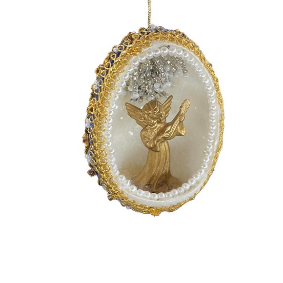 Vintage Handmade Real Egg Shell Diorama Angel Christmas Ornament Faux Pearl Trim - Picture 6 of 8